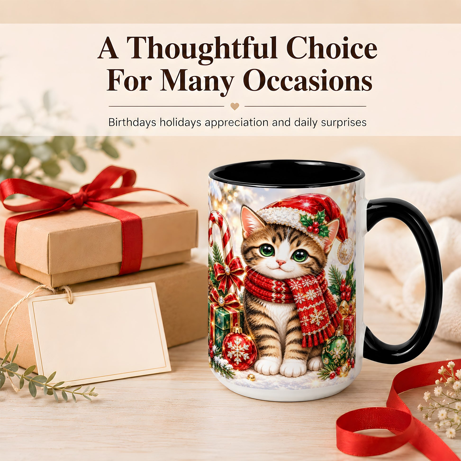 #pl[15oz|Black] Sparkling Christmas Kitten Coffee Mug, Holiday Cat Mug, Ceramic Cup