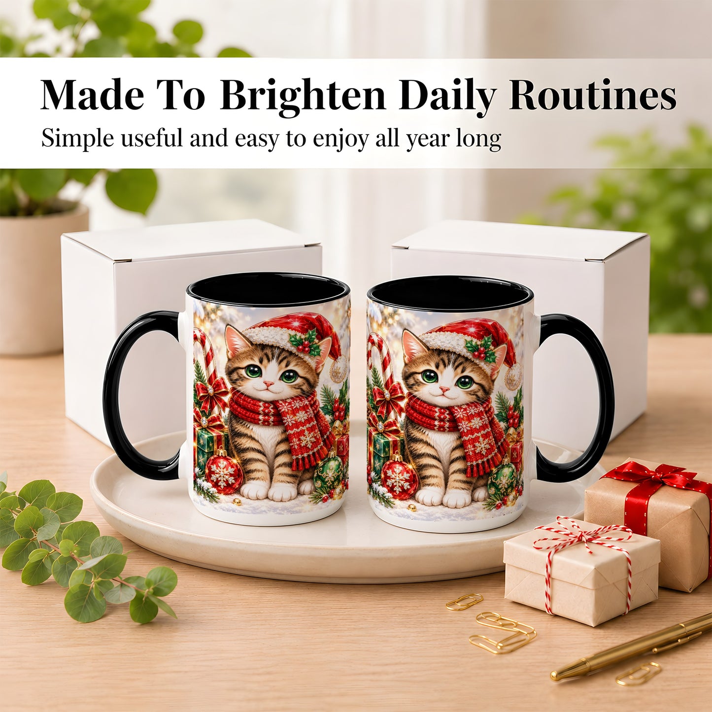 #pl[15oz|Black] Sparkling Christmas Kitten Coffee Mug, Holiday Cat Mug, Ceramic Cup