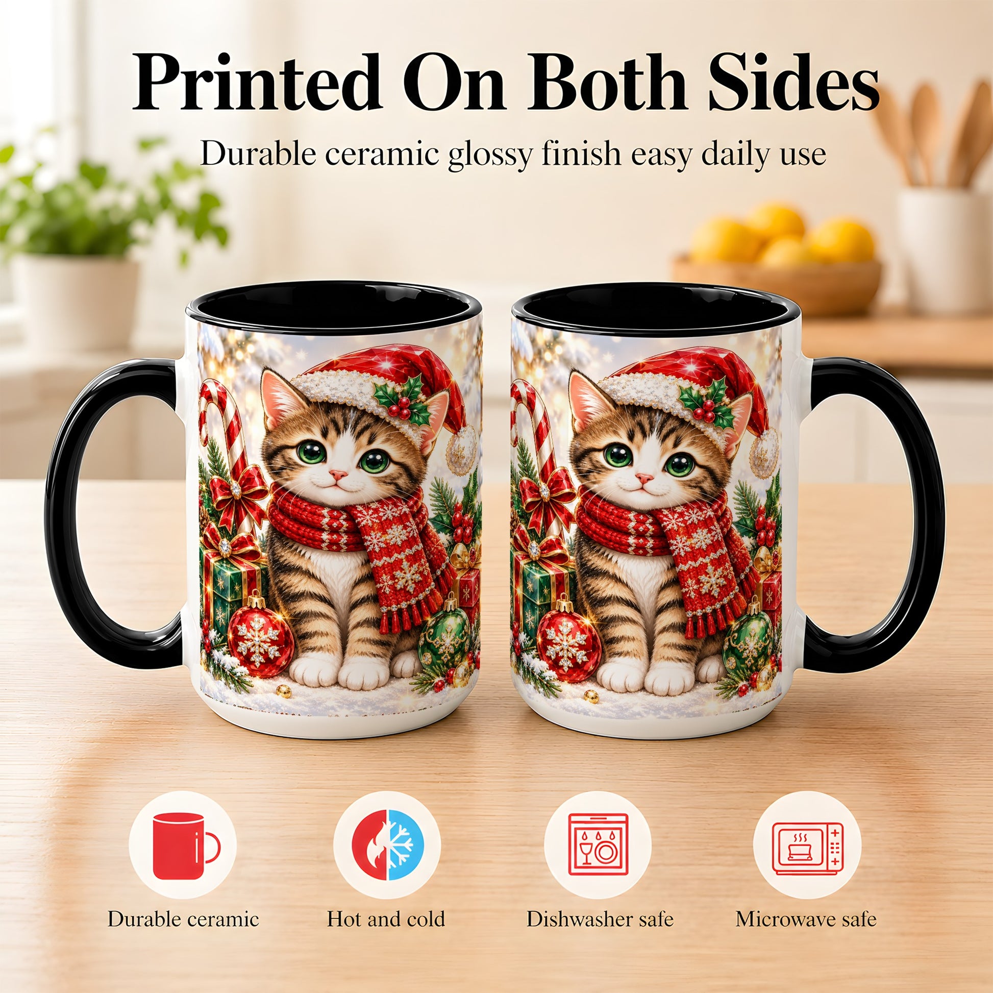 #pl[15oz|Black] Sparkling Christmas Kitten Coffee Mug, Holiday Cat Mug, Ceramic Cup