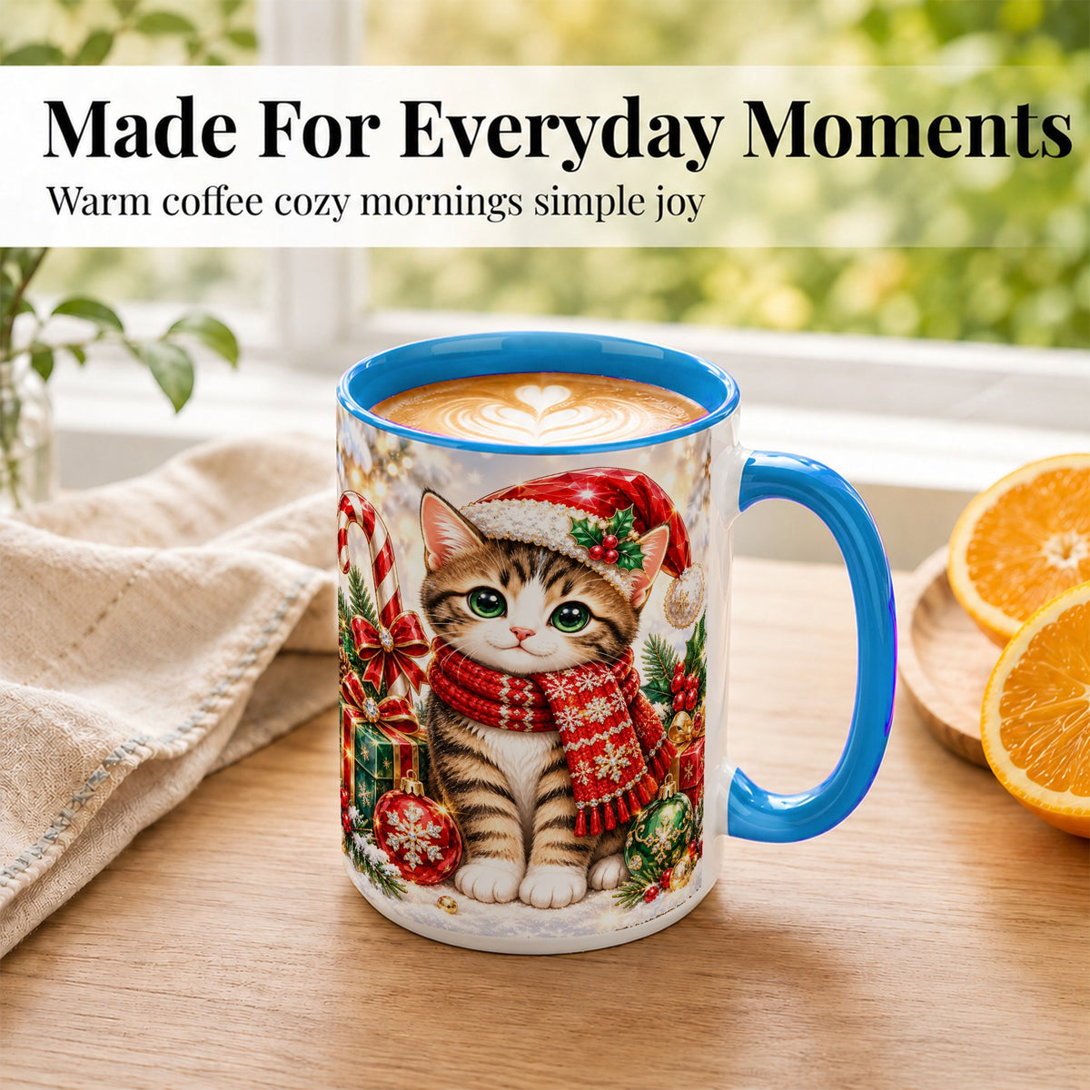 #pl[15oz|Blue] Sparkling Christmas Kitten Coffee Mug, Holiday Cat Mug, Ceramic Cup