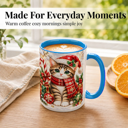 #pl[15oz|Blue] Sparkling Christmas Kitten Coffee Mug, Holiday Cat Mug, Ceramic Cup