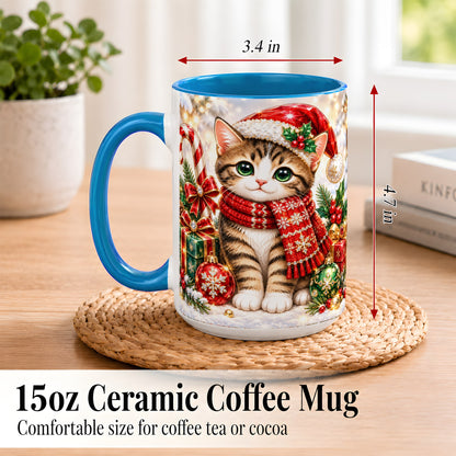 #pl[15oz|Blue] Sparkling Christmas Kitten Coffee Mug, Holiday Cat Mug, Ceramic Cup