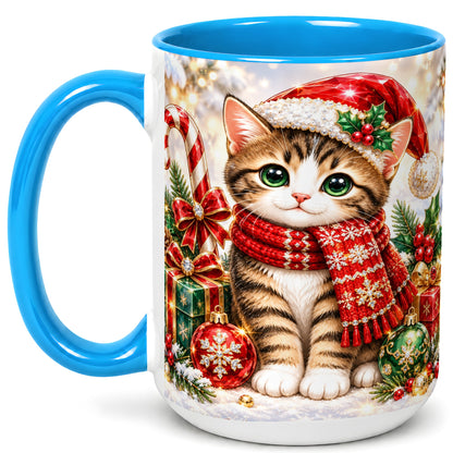 #pl[15oz|Blue] Sparkling Christmas Kitten Coffee Mug, Holiday Cat Mug, Ceramic Cup