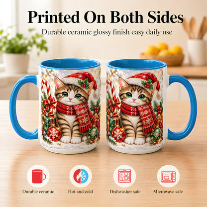 #pl[15oz|Blue] Sparkling Christmas Kitten Coffee Mug, Holiday Cat Mug, Ceramic Cup