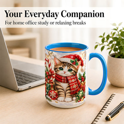 #pl[15oz|Blue] Sparkling Christmas Kitten Coffee Mug, Holiday Cat Mug, Ceramic Cup
