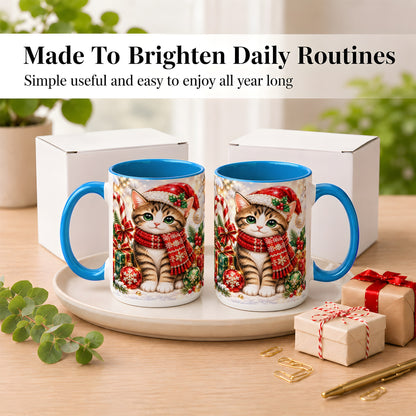 #pl[15oz|Blue] Sparkling Christmas Kitten Coffee Mug, Holiday Cat Mug, Ceramic Cup
