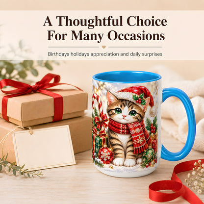 #pl[15oz|Blue] Sparkling Christmas Kitten Coffee Mug, Holiday Cat Mug, Ceramic Cup