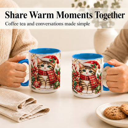 #pl[15oz|Blue] Sparkling Christmas Kitten Coffee Mug, Holiday Cat Mug, Ceramic Cup