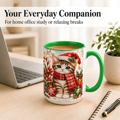 #pl[15oz|Green] Sparkling Christmas Kitten Coffee Mug, Holiday Cat Mug, Ceramic Cup