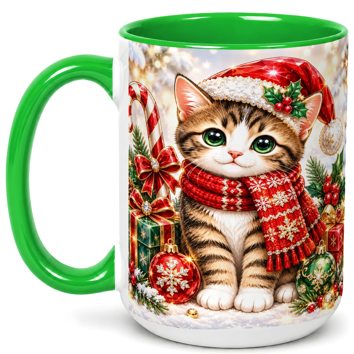 #pl[15oz|Green] Sparkling Christmas Kitten Coffee Mug, Holiday Cat Mug, Ceramic Cup