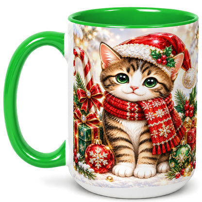 #pl[15oz|Green] Sparkling Christmas Kitten Coffee Mug, Holiday Cat Mug, Ceramic Cup