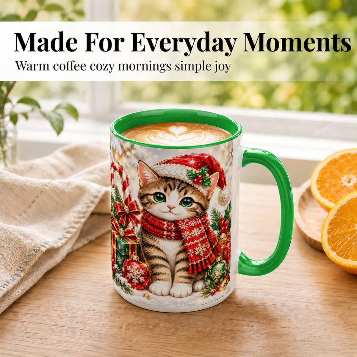 #pl[15oz|Green] Sparkling Christmas Kitten Coffee Mug, Holiday Cat Mug, Ceramic Cup