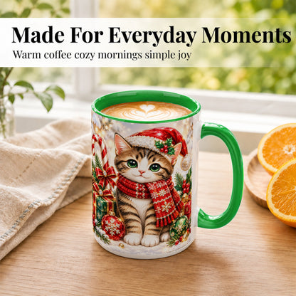 #pl[15oz|Green] Sparkling Christmas Kitten Coffee Mug, Holiday Cat Mug, Ceramic Cup