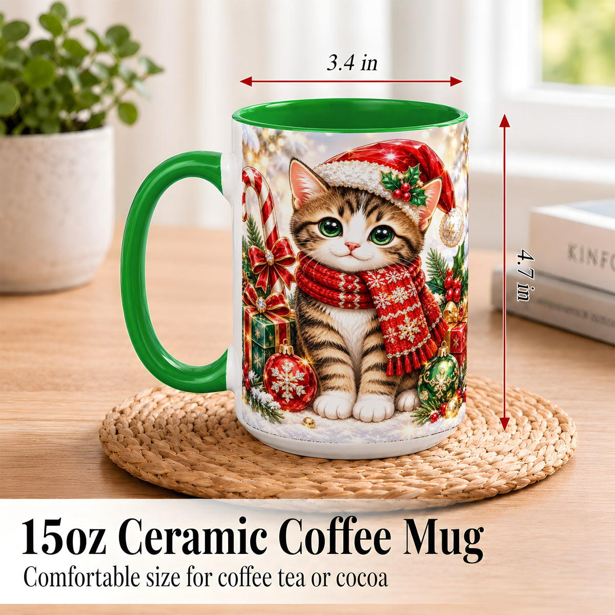 #pl[15oz|Green] Sparkling Christmas Kitten Coffee Mug, Holiday Cat Mug, Ceramic Cup