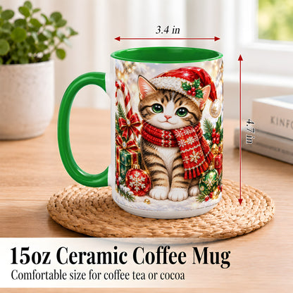 #pl[15oz|Green] Sparkling Christmas Kitten Coffee Mug, Holiday Cat Mug, Ceramic Cup