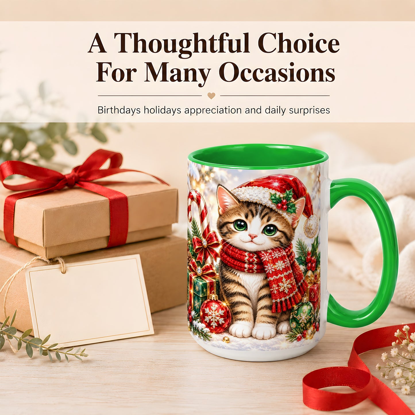 #pl[15oz|Green] Sparkling Christmas Kitten Coffee Mug, Holiday Cat Mug, Ceramic Cup