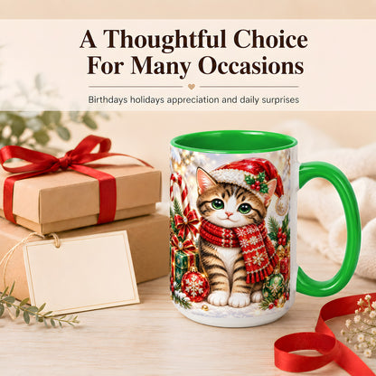 #pl[15oz|Green] Sparkling Christmas Kitten Coffee Mug, Holiday Cat Mug, Ceramic Cup