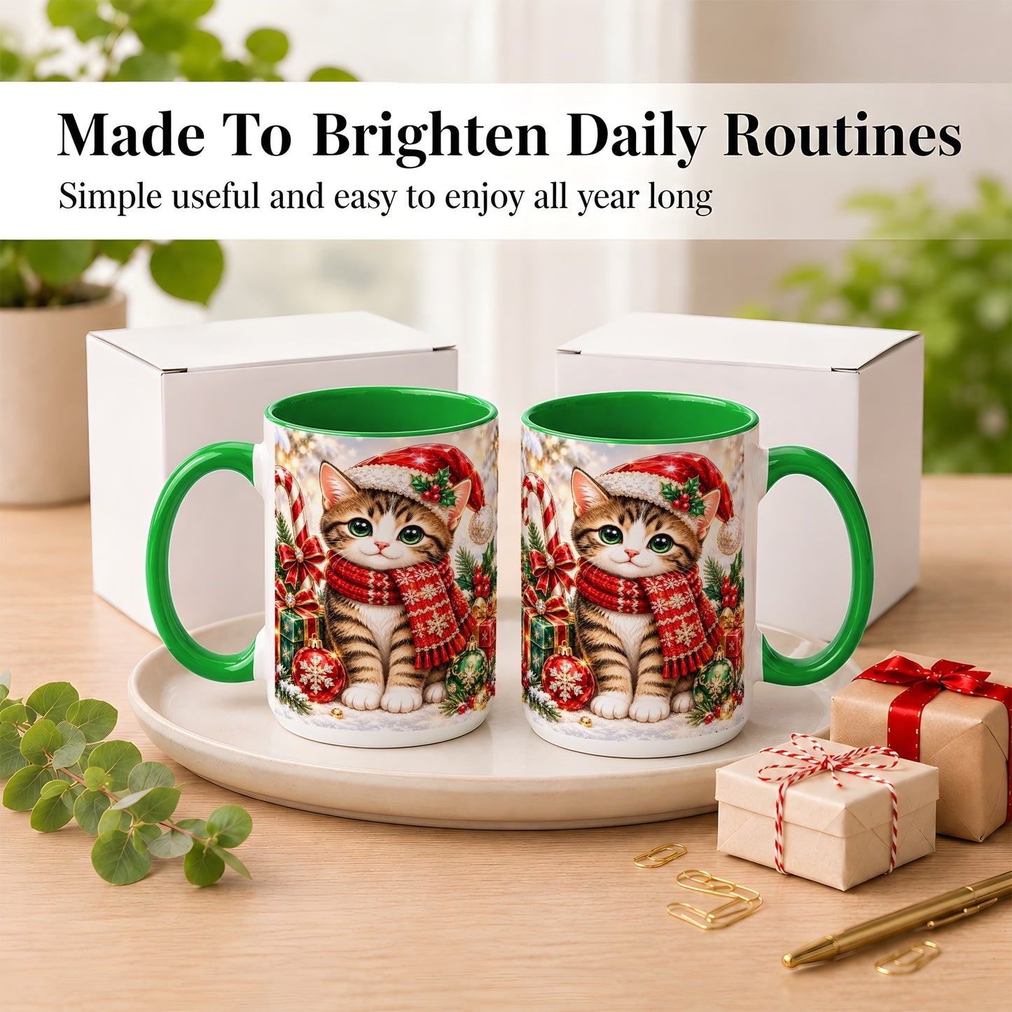 #pl[15oz|Green] Sparkling Christmas Kitten Coffee Mug, Holiday Cat Mug, Ceramic Cup