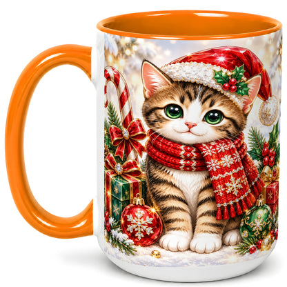 #pl[15oz|Orange] Sparkling Christmas Kitten Coffee Mug, Holiday Cat Mug, Ceramic Cup