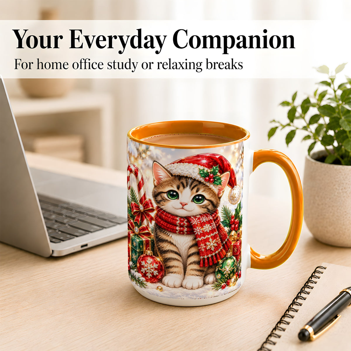 #pl[15oz|Orange] Sparkling Christmas Kitten Coffee Mug, Holiday Cat Mug, Ceramic Cup