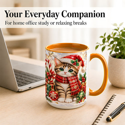 #pl[15oz|Orange] Sparkling Christmas Kitten Coffee Mug, Holiday Cat Mug, Ceramic Cup
