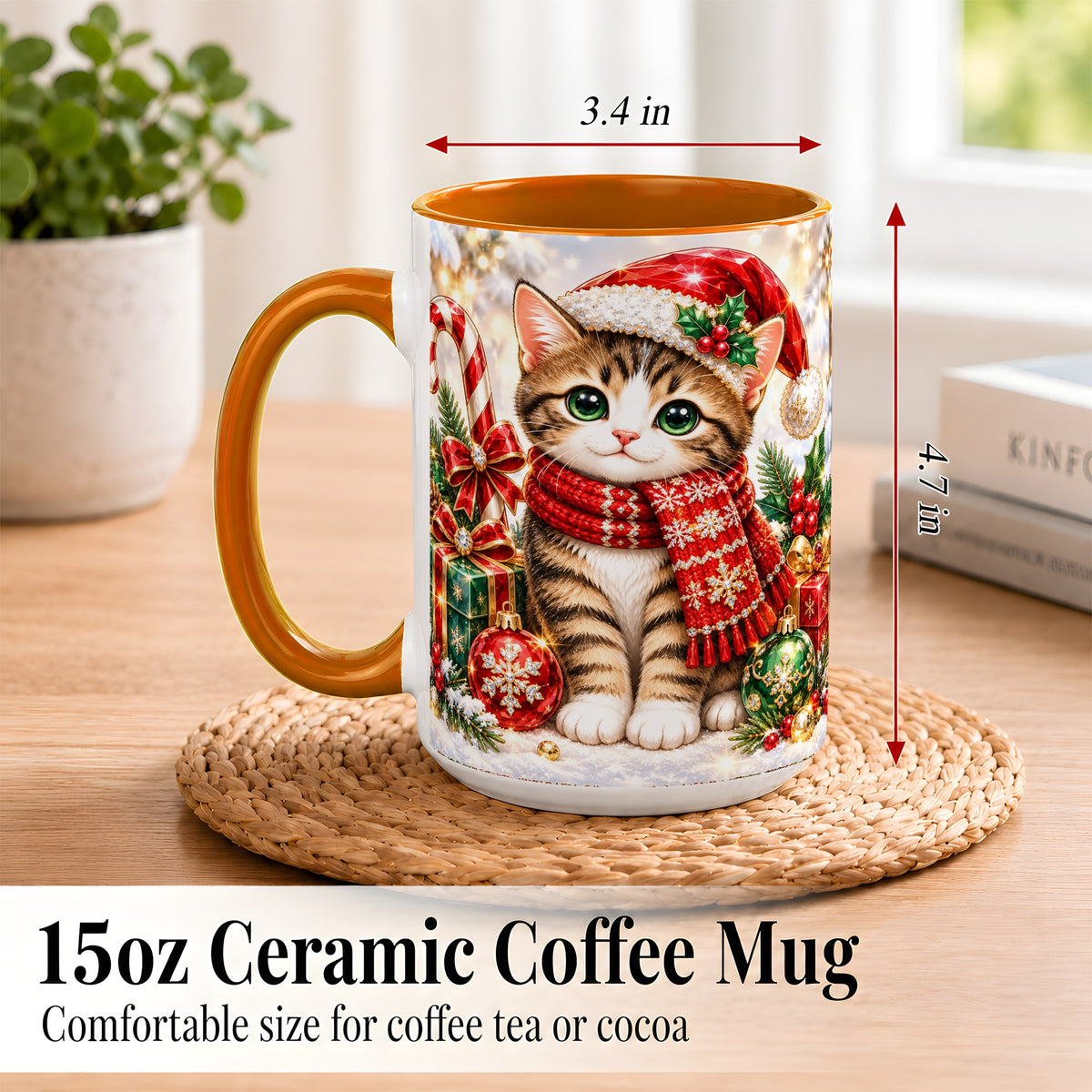 #pl[15oz|Orange] Sparkling Christmas Kitten Coffee Mug, Holiday Cat Mug, Ceramic Cup