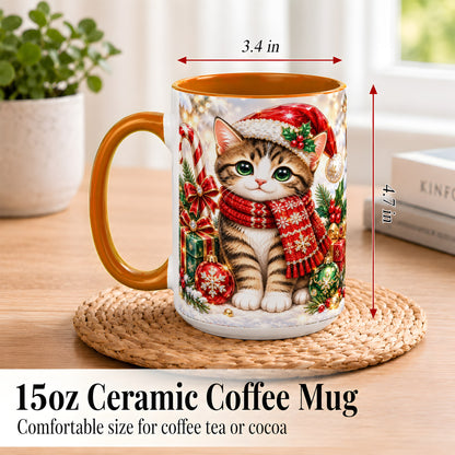 #pl[15oz|Orange] Sparkling Christmas Kitten Coffee Mug, Holiday Cat Mug, Ceramic Cup