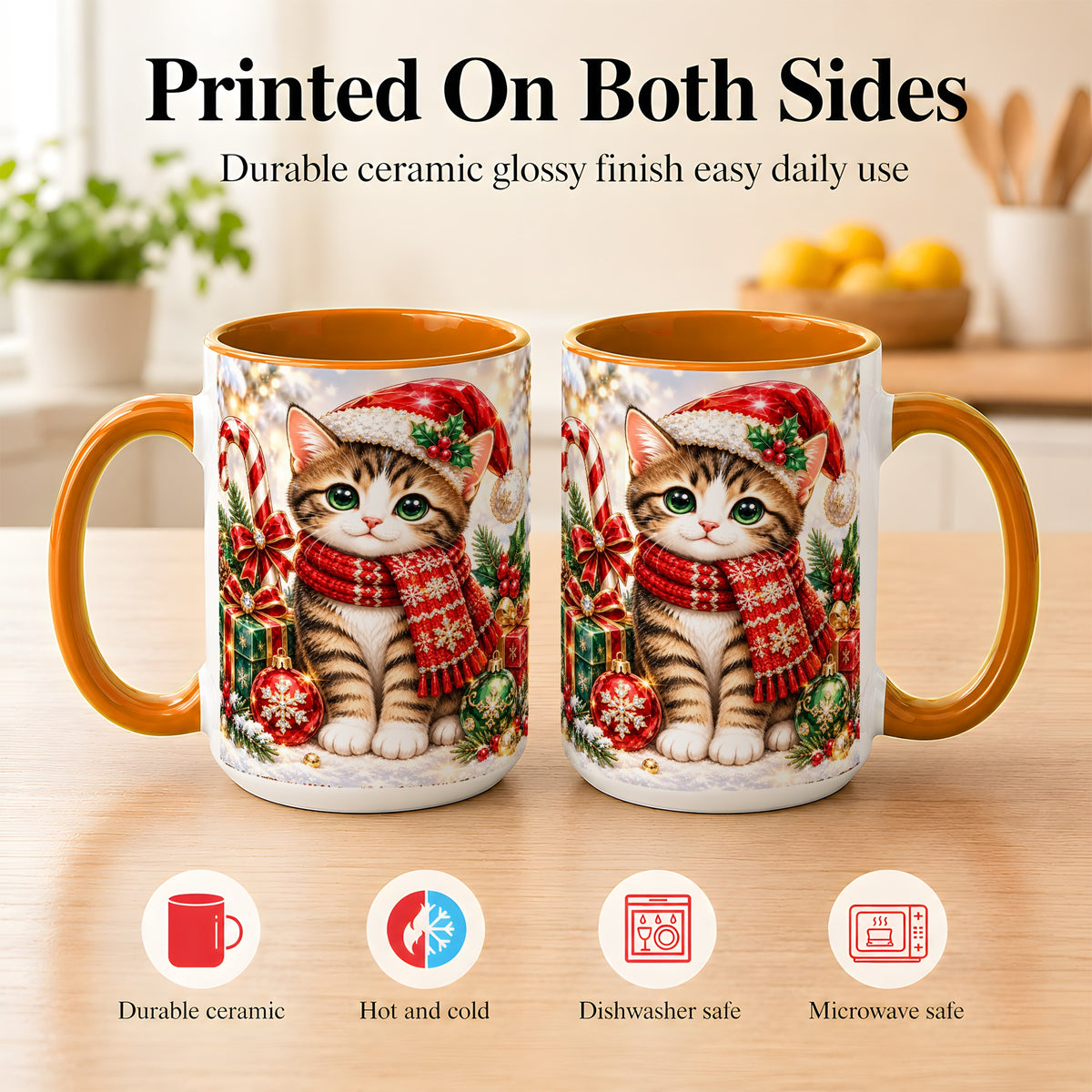 #pl[15oz|Orange] Sparkling Christmas Kitten Coffee Mug, Holiday Cat Mug, Ceramic Cup