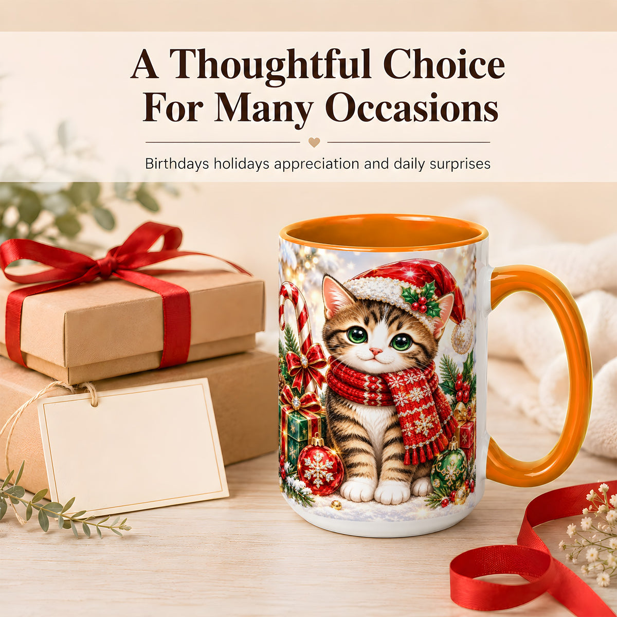 #pl[15oz|Orange] Sparkling Christmas Kitten Coffee Mug, Holiday Cat Mug, Ceramic Cup