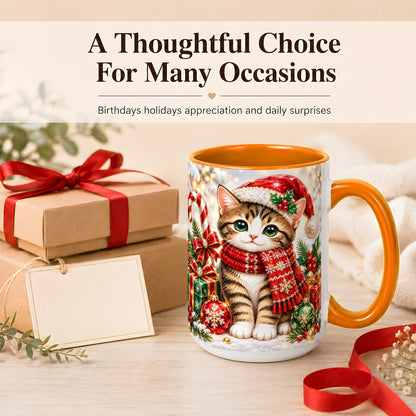 #pl[15oz|Orange] Sparkling Christmas Kitten Coffee Mug, Holiday Cat Mug, Ceramic Cup