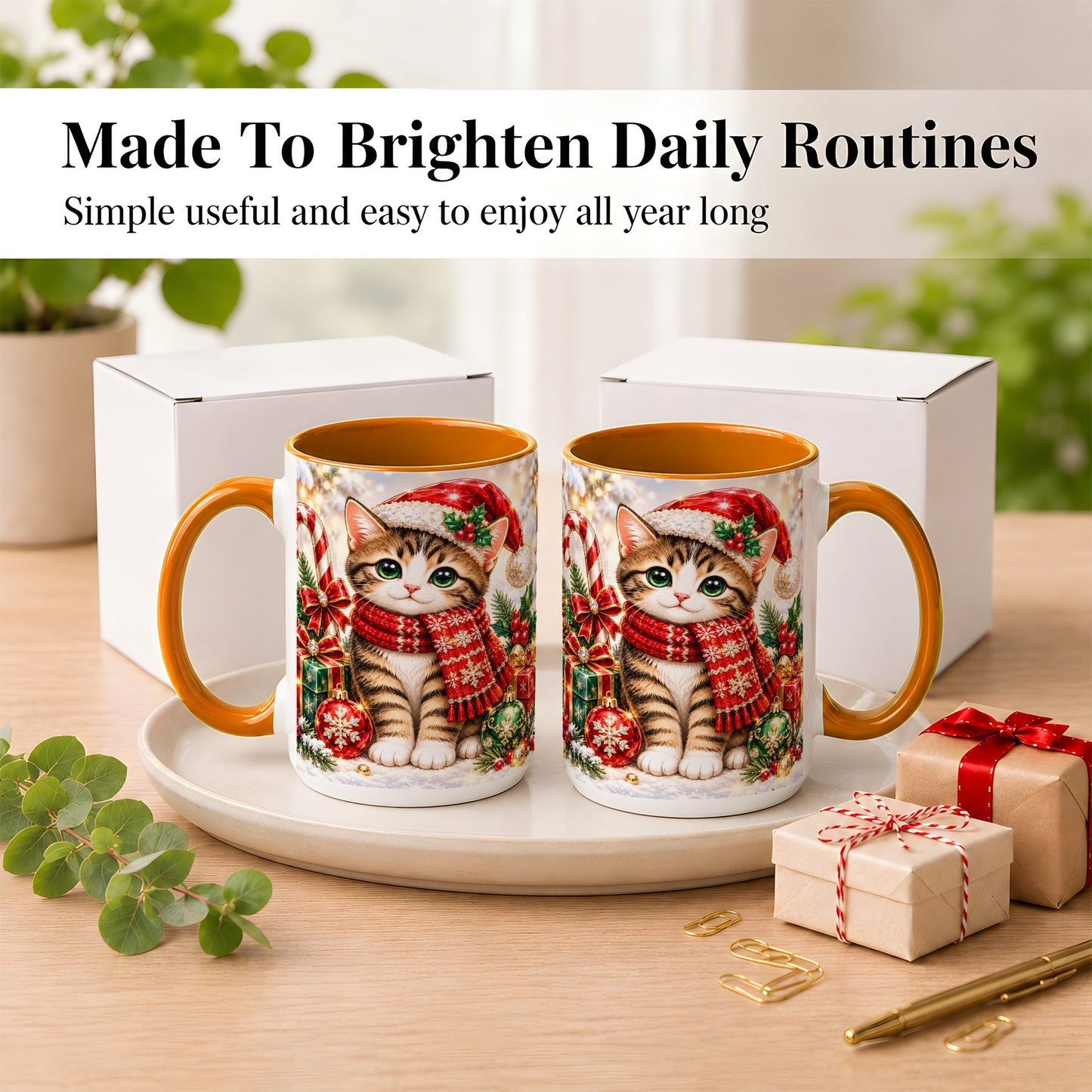 #pl[15oz|Orange] Sparkling Christmas Kitten Coffee Mug, Holiday Cat Mug, Ceramic Cup