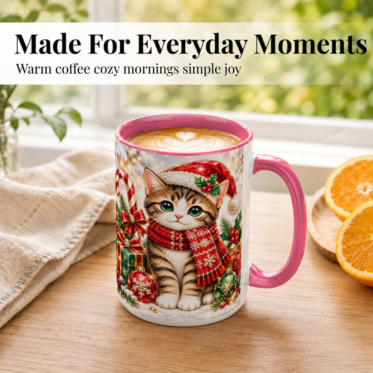 #pl[15oz|Pink] Sparkling Christmas Kitten Coffee Mug, Holiday Cat Mug, Ceramic Cup