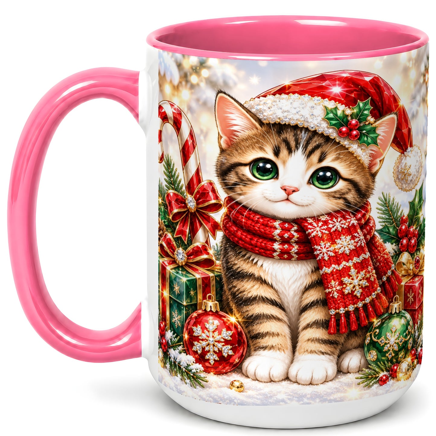 #pl[15oz|Pink] Sparkling Christmas Kitten Coffee Mug, Holiday Cat Mug, Ceramic Cup