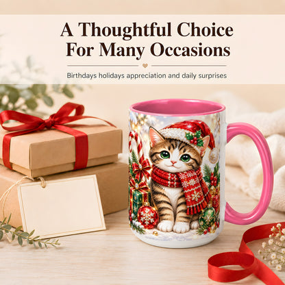 #pl[15oz|Pink] Sparkling Christmas Kitten Coffee Mug, Holiday Cat Mug, Ceramic Cup
