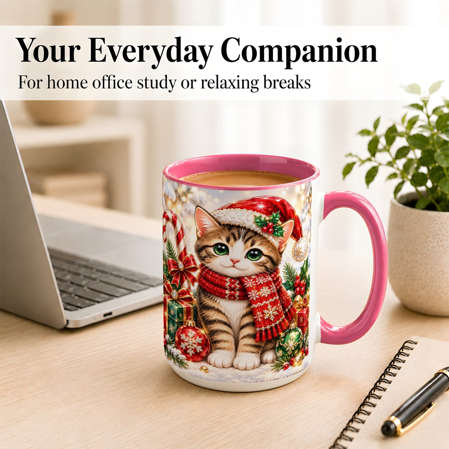#pl[15oz|Pink] Sparkling Christmas Kitten Coffee Mug, Holiday Cat Mug, Ceramic Cup