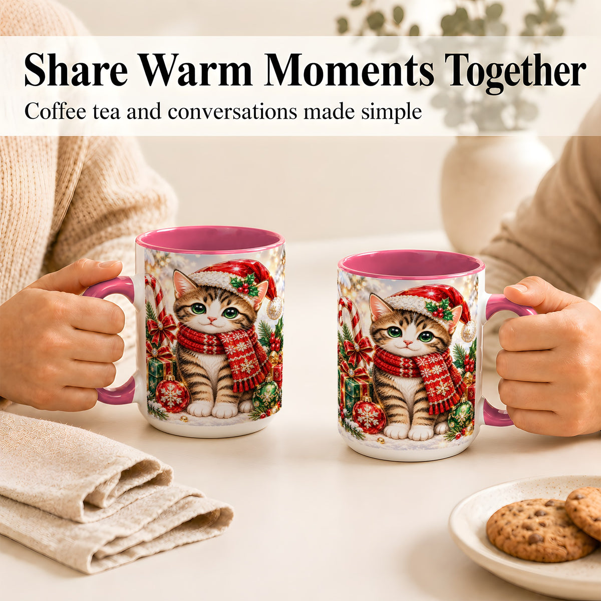 #pl[15oz|Pink] Sparkling Christmas Kitten Coffee Mug, Holiday Cat Mug, Ceramic Cup