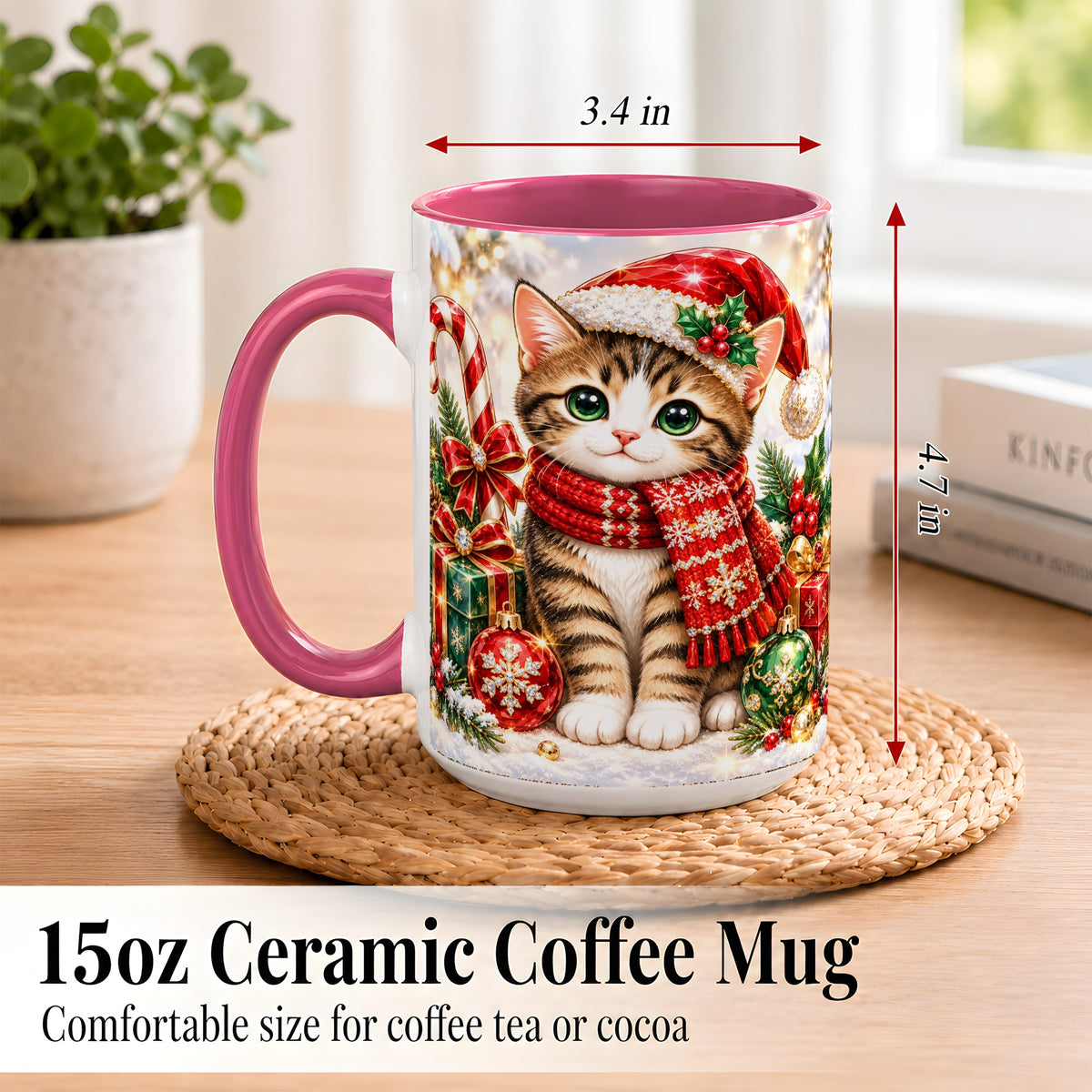 #pl[15oz|Pink] Sparkling Christmas Kitten Coffee Mug, Holiday Cat Mug, Ceramic Cup