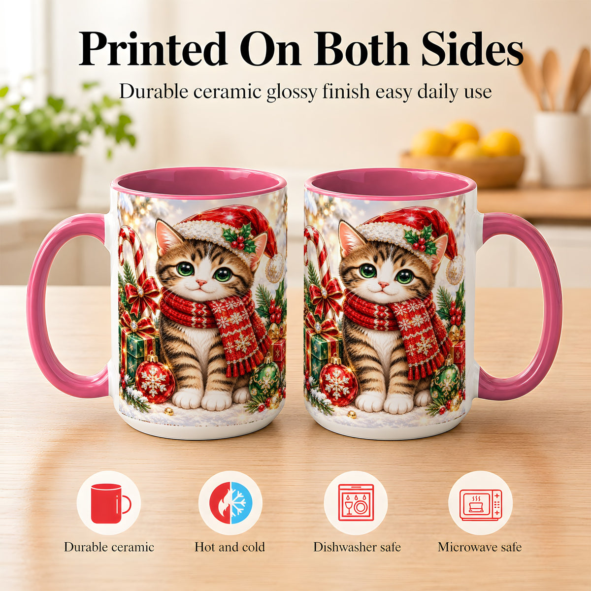 #pl[15oz|Pink] Sparkling Christmas Kitten Coffee Mug, Holiday Cat Mug, Ceramic Cup