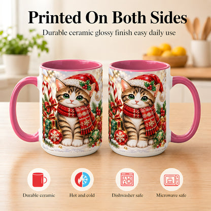 #pl[15oz|Pink] Sparkling Christmas Kitten Coffee Mug, Holiday Cat Mug, Ceramic Cup