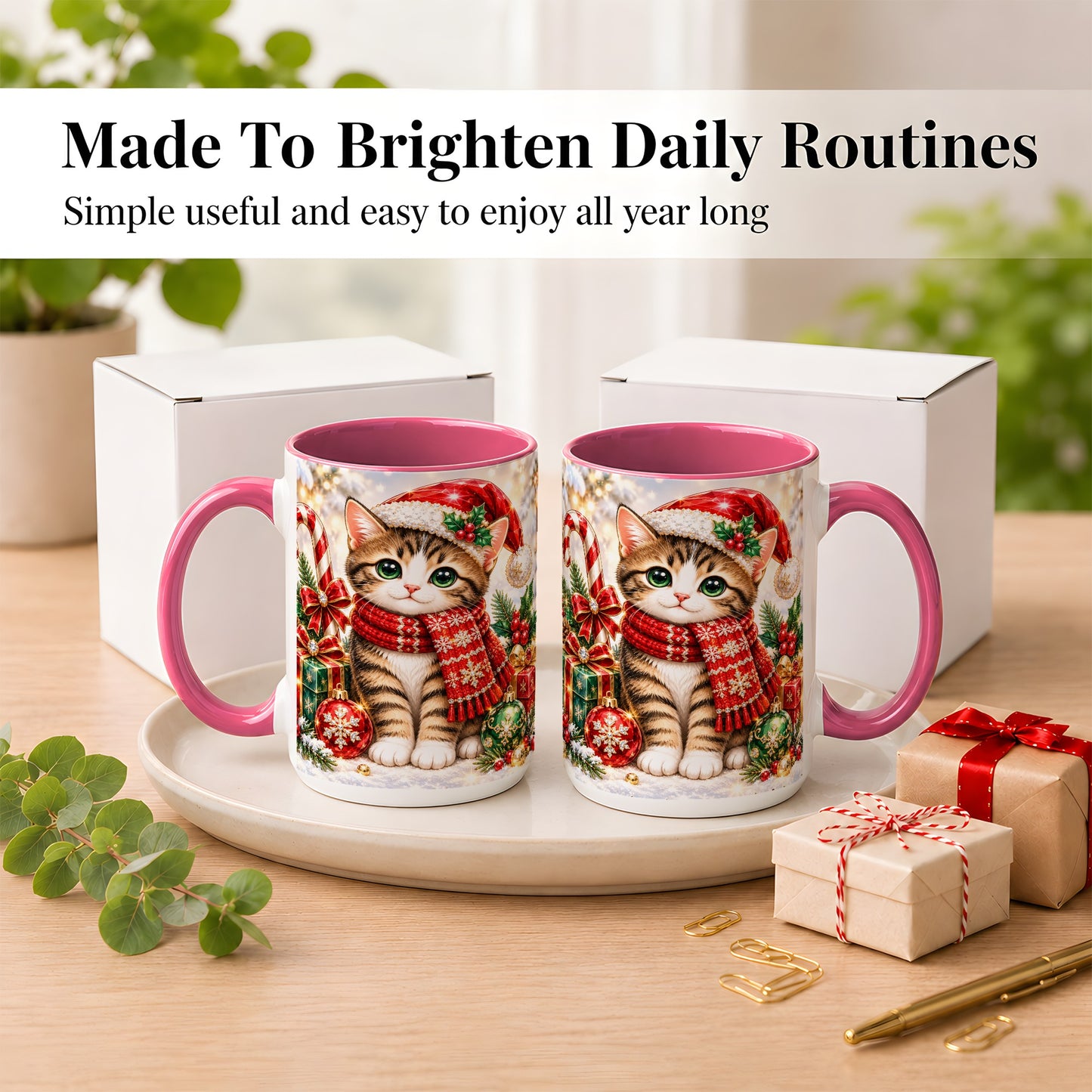#pl[15oz|Pink] Sparkling Christmas Kitten Coffee Mug, Holiday Cat Mug, Ceramic Cup