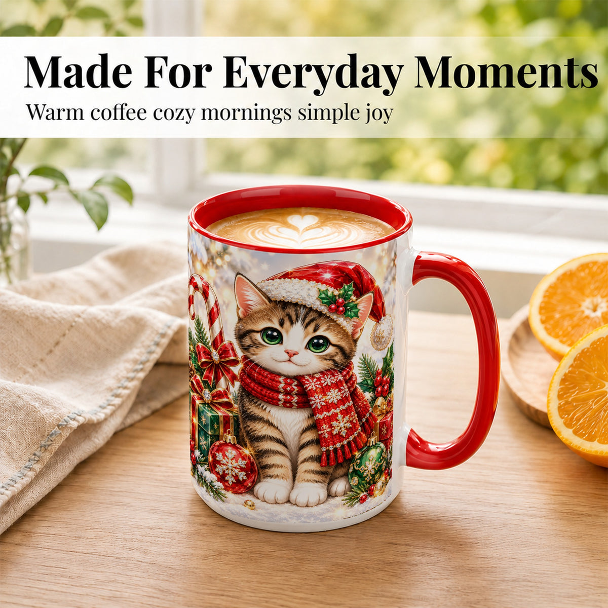 #pl[15oz|Red] Sparkling Christmas Kitten Coffee Mug, Holiday Cat Mug, Ceramic Cup