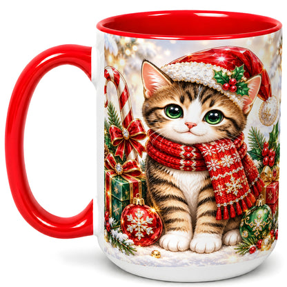 #pl[15oz|Red] Sparkling Christmas Kitten Coffee Mug, Holiday Cat Mug, Ceramic Cup
