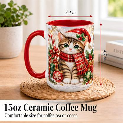 #pl[15oz|Red] Sparkling Christmas Kitten Coffee Mug, Holiday Cat Mug, Ceramic Cup