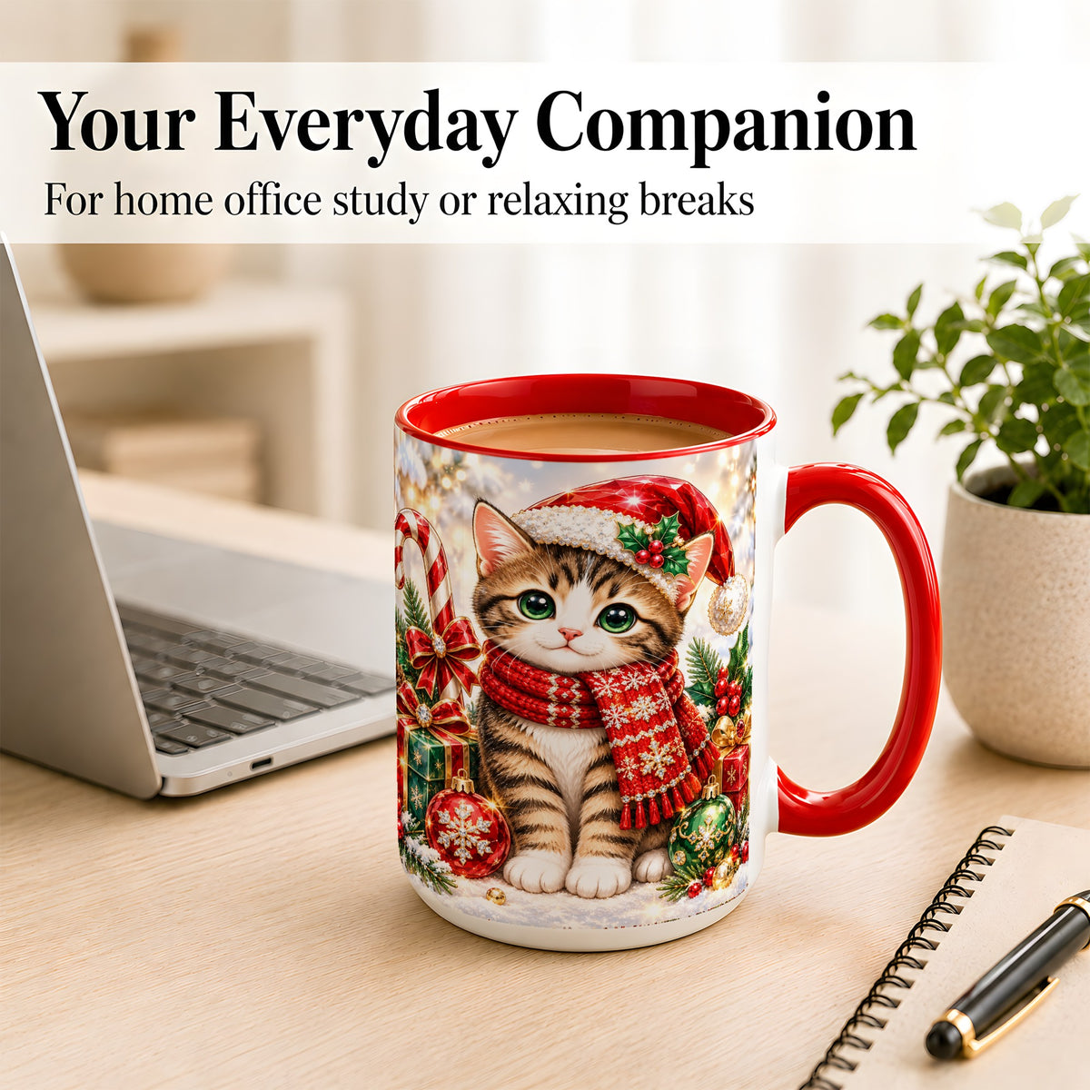 #pl[15oz|Red] Sparkling Christmas Kitten Coffee Mug, Holiday Cat Mug, Ceramic Cup