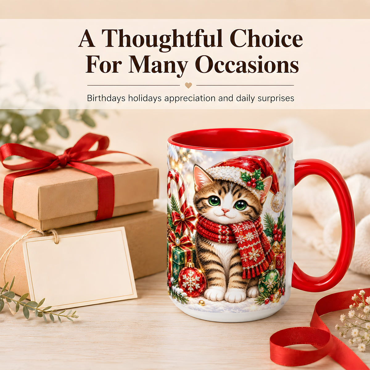 #pl[15oz|Red] Sparkling Christmas Kitten Coffee Mug, Holiday Cat Mug, Ceramic Cup