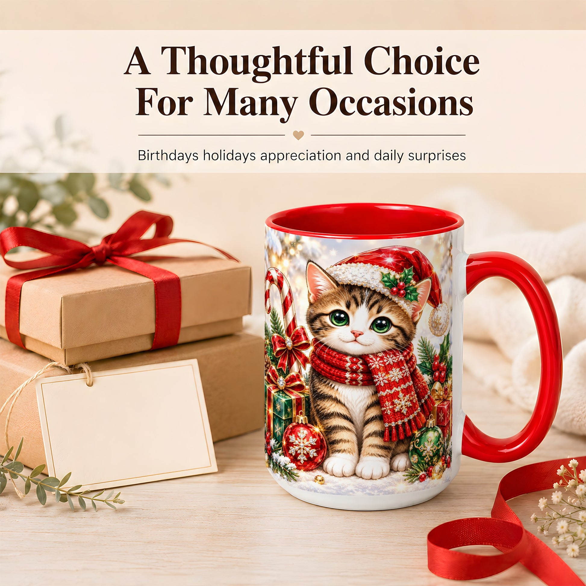 #pl[15oz|Red] Sparkling Christmas Kitten Coffee Mug, Holiday Cat Mug, Ceramic Cup