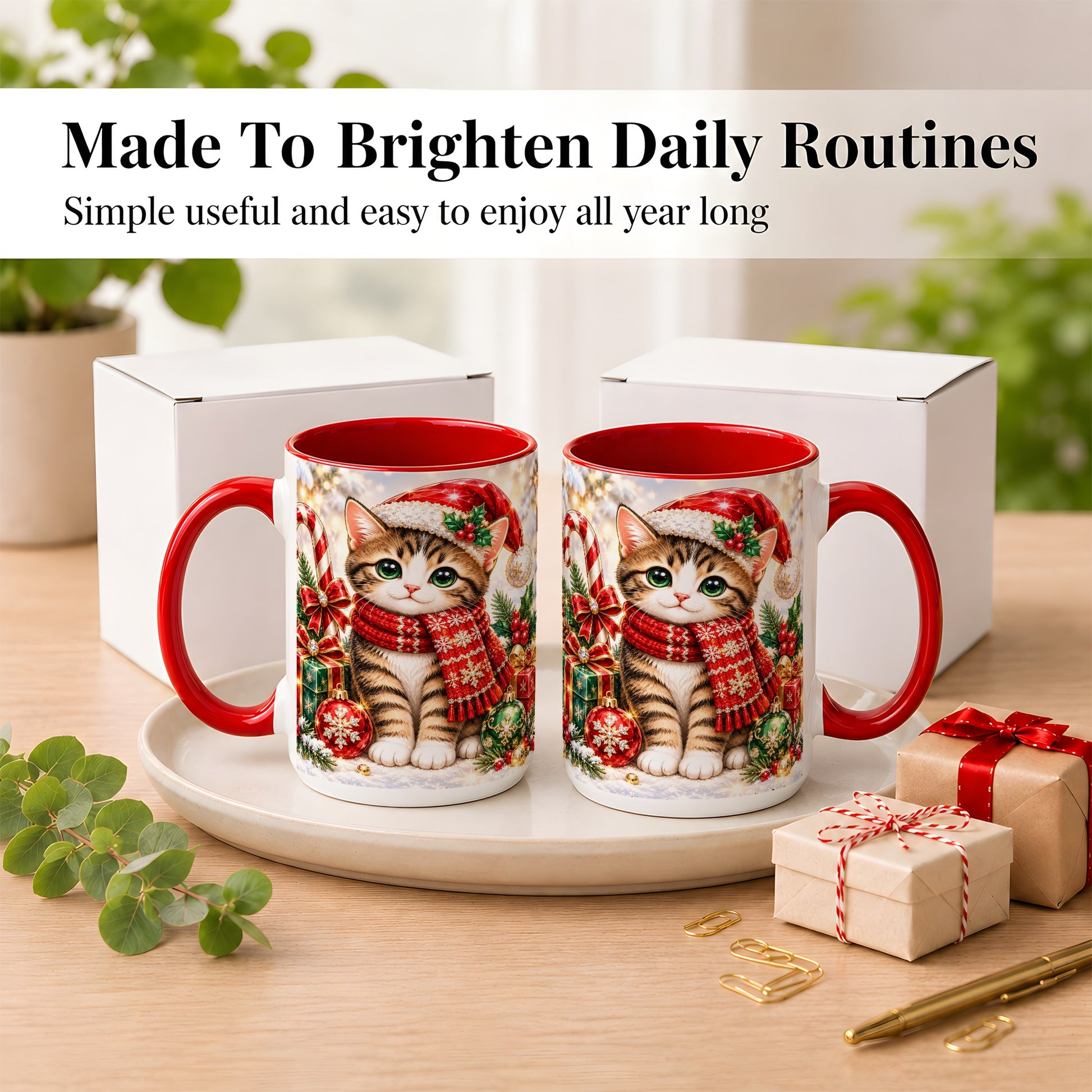 #pl[15oz|Red] Sparkling Christmas Kitten Coffee Mug, Holiday Cat Mug, Ceramic Cup