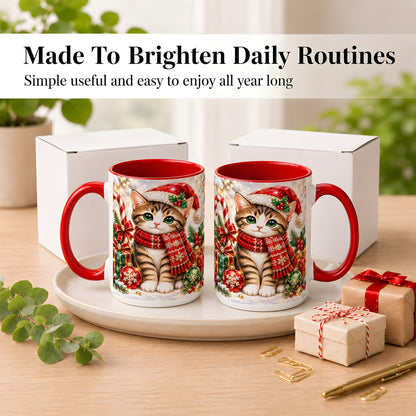 #pl[15oz|Red] Sparkling Christmas Kitten Coffee Mug, Holiday Cat Mug, Ceramic Cup