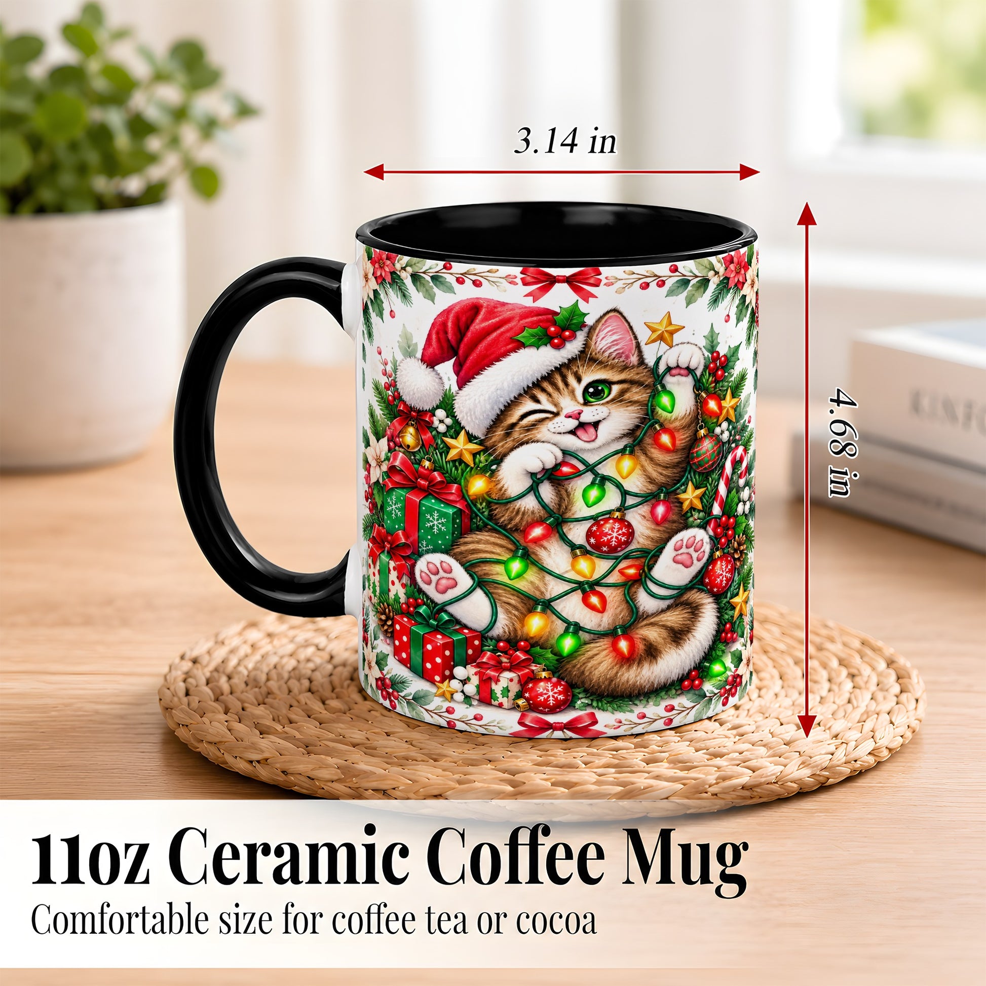 #pl[11oz|Black] Playful Christmas Cat Coffee Mug, Kitten Lights Mug, Ceramic Cup