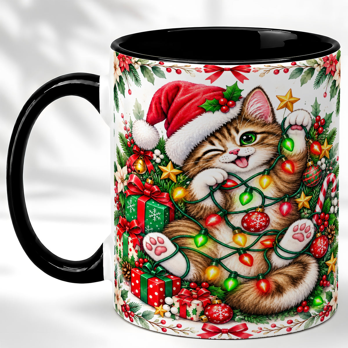 #pl[11oz|Black] Playful Christmas Cat Coffee Mug, Kitten Lights Mug, Ceramic Cup